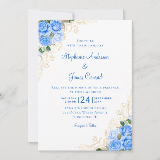 Invitation Mariage d'aquarelle bleu or (Devant)