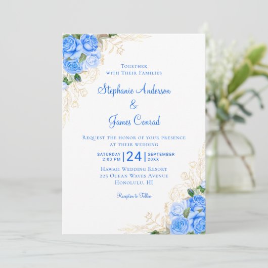 Invitation Mariage d'aquarelle bleu or (Debout devant)
