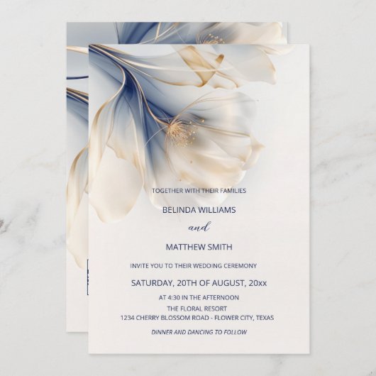 Invitation Mariage d'aquarelle bleu-or fumé (Devant / Derrière)