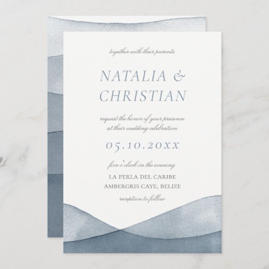 Invitation Mariage d'aquarelle bleu plongé (Devant / Derrière)