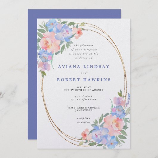 Invitation Mariage d'aquarelle bleu rose pâle (Devant / Derrière)