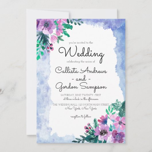 Invitation Mariage d'aquarelle bleu violet (Devant)