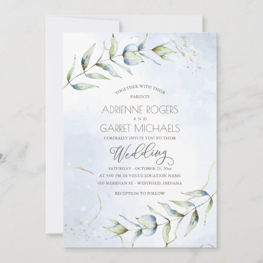 Invitation Mariage d'aquarelle Blue & Gold Eucalyptus (Devant)