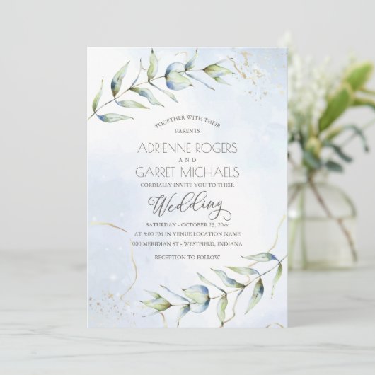 Invitation Mariage d'aquarelle Blue & Gold Eucalyptus (Debout devant)