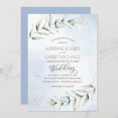 Invitation Mariage d'aquarelle Blue & Gold Eucalyptus (Devant / Derrière)