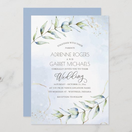 Invitation Mariage d'aquarelle Blue & Gold Eucalyptus (Devant / Derrière)