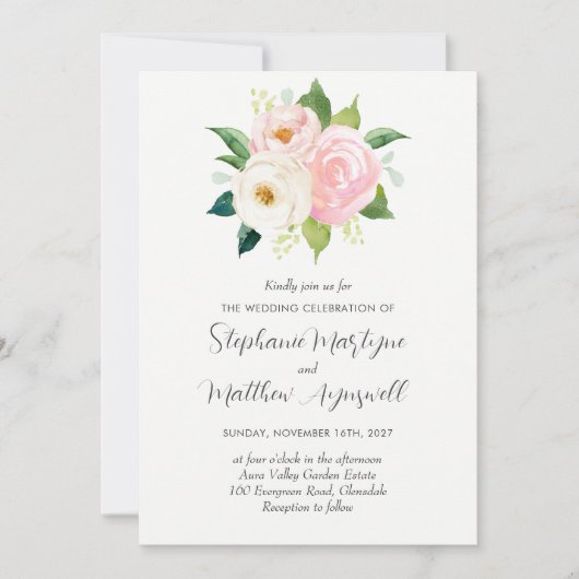 Invitation Mariage d'aquarelle botanique de rose pâle (Devant)