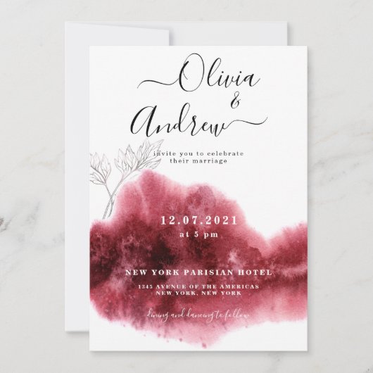 Invitation Mariage d'aquarelle botanique en argent rouge de B (Devant)