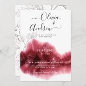 Invitation Mariage d'aquarelle botanique en argent rouge de B (Devant / Derrière)