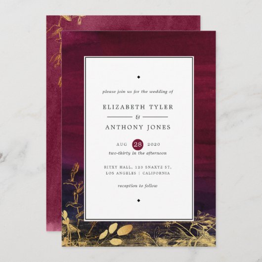 Invitation Mariage d'aquarelle Bourgogne Plum et or (Devant / Derrière)