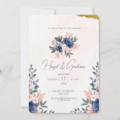 Invitation Mariage d'aquarelle Brown bleu simple à motif flor (Devant)