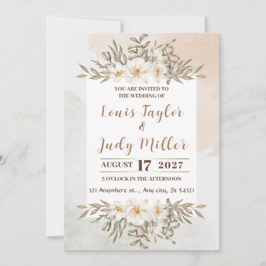 Invitation Mariage d'aquarelle Brown et crème (Devant)