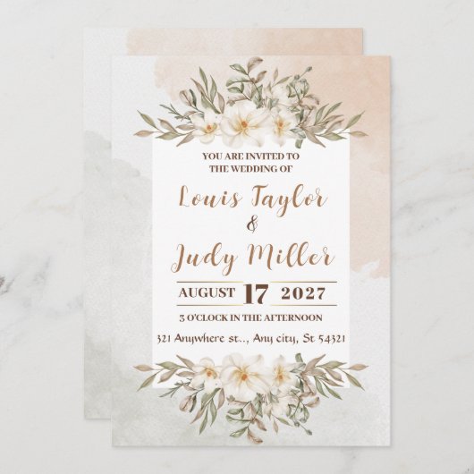 Invitation Mariage d'aquarelle Brown et crème (Devant / Derrière)