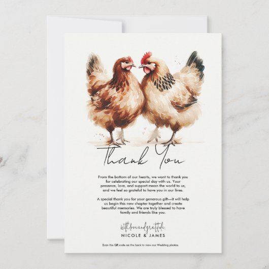 Invitation Mariage d'aquarelle Brown poulets Merci (Devant)