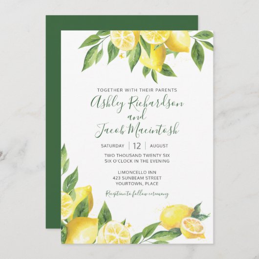 Invitation Mariage d'aquarelle citron (Devant / Derrière)