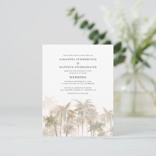 Invitation Mariage d'aquarelle côtière moderne Palm Trees (Debout devant)