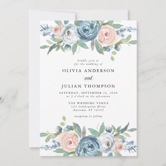 Invitation Mariage d'aquarelle couleur bleu et bleu roux Rose (Devant)