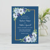 Invitation Mariage d'aquarelle couleur or bleu marine (Debout devant)