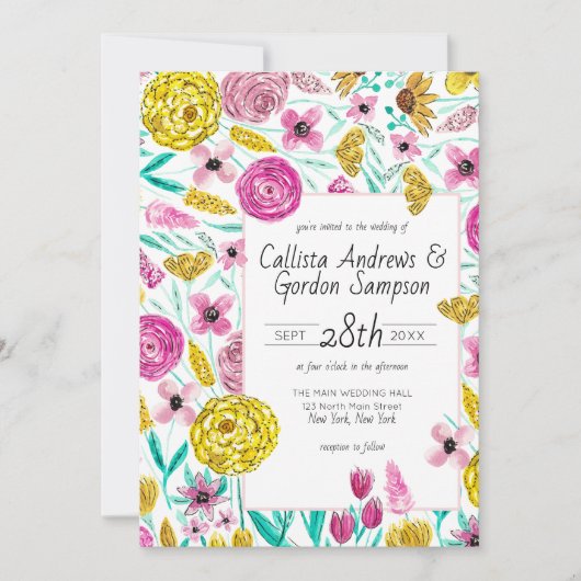 Invitation Mariage d'aquarelle couleur rose-jaune (Devant)