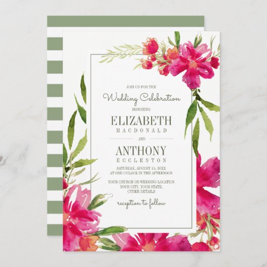 Invitation Mariage d'aquarelle couleur verte Fuchsia (Devant / Derrière)