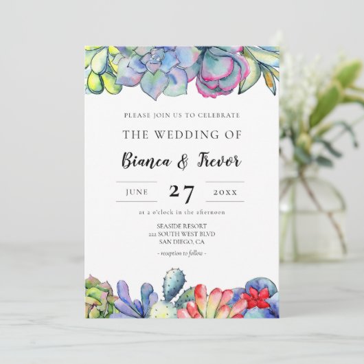 Invitation Mariage d'aquarelle de cactus succulent (Debout devant)