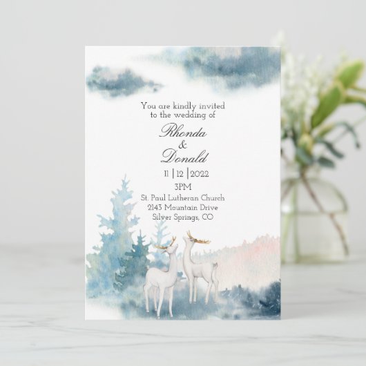 Invitation Mariage d'aquarelle de cerfs et d'arbres d'hiver (Debout devant)