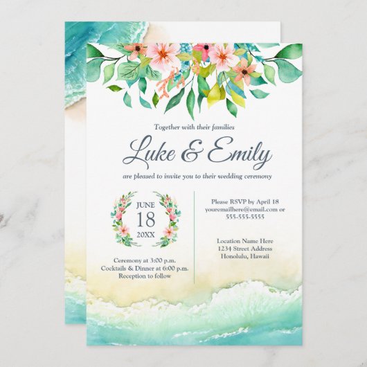 Invitation Mariage d'aquarelle de destination tropicale (Devant / Derrière)