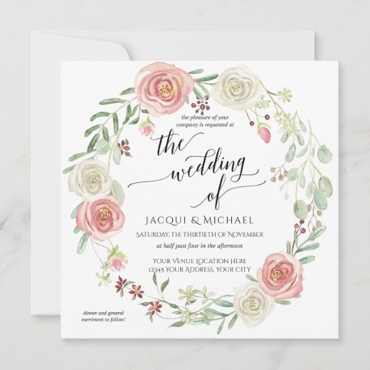 Invitation Mariage d'aquarelle de feuillage de Rose d'ivoire (Devant)