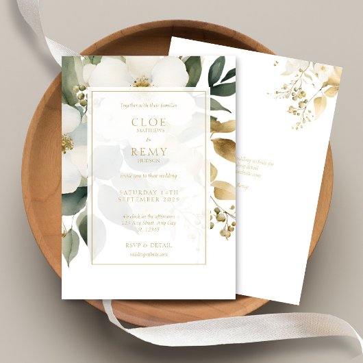 Invitation Mariage d'aquarelle de feuillage Floral Blanc & Or