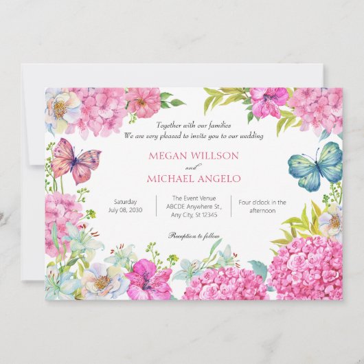 Invitation Mariage d'aquarelle de fleurs roses (Devant)