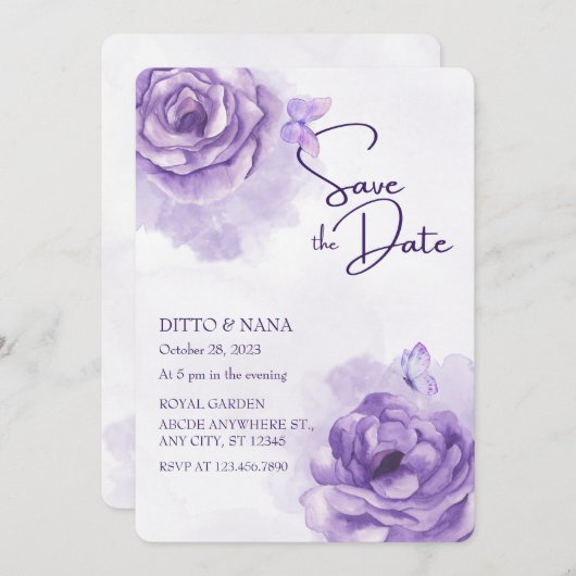 Invitation Mariage d'aquarelle de fleurs violettes (Devant / Derrière)