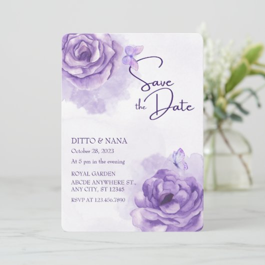 Invitation Mariage d'aquarelle de fleurs violettes (Debout devant)