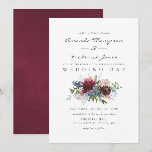 Invitation Mariage d'aquarelle de la Bourgogne et de la marin (Devant / Derrière)