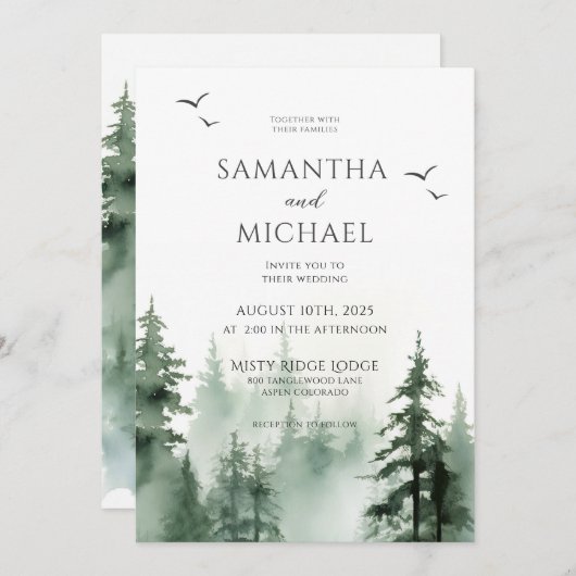 Invitation Mariage d'aquarelle de la forêt de pins rustiques (Devant / Derrière)