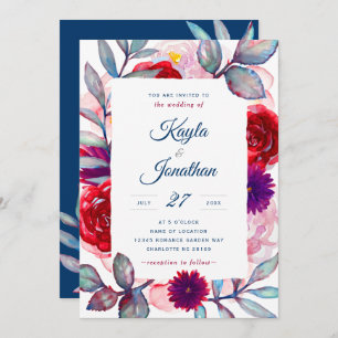 Invitation Mariage d'aquarelle de la marine Burgundy Blush Fl