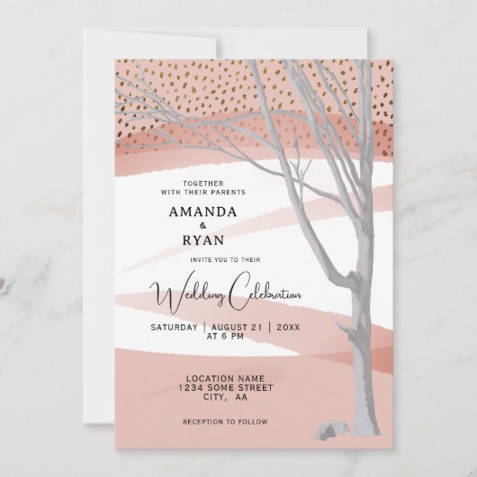 Invitation Mariage d'aquarelle de l'arbre d'hiver rose vif (Devant)