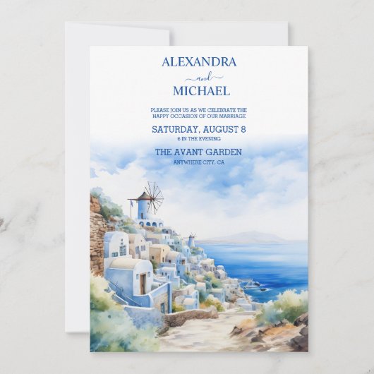 Invitation Mariage d'aquarelle de l'architecture de Santorin  (Devant)