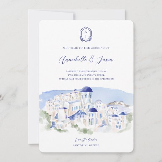 Invitation Mariage d'aquarelle de l'architecture de Santorin  (Devant)