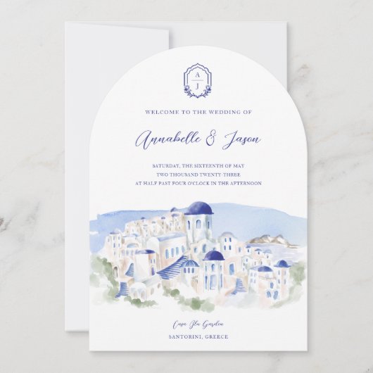 Invitation Mariage d'aquarelle de l'architecture de Santorin (Devant)
