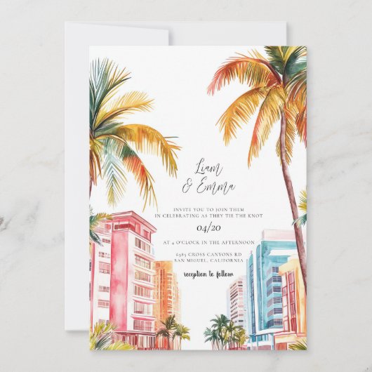 Invitation Mariage d'aquarelle de Miami Beach (Devant)