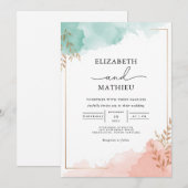 Invitation Mariage d'aquarelle de pêche Turquoise (Devant / Derrière)