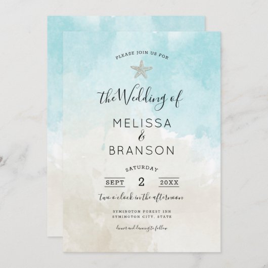 Invitation Mariage d'aquarelle de plage Starfish (Devant / Derrière)