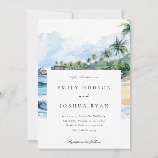 Invitation Mariage d'aquarelle de plage Tropical (Devant)