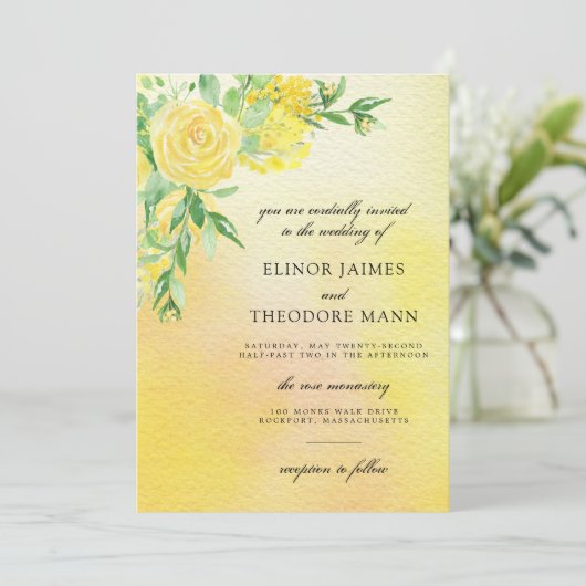 Invitation Mariage d'aquarelle de rose jaune (Debout devant)