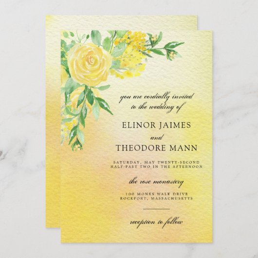 Invitation Mariage d'aquarelle de rose jaune (Devant / Derrière)