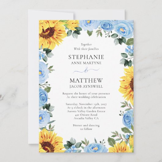 Invitation Mariage d'aquarelle de tournesol bleu foncé (Devant)
