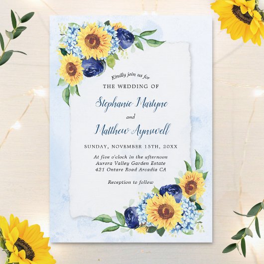 Invitation Mariage d'aquarelle de tournesol bleu foncé