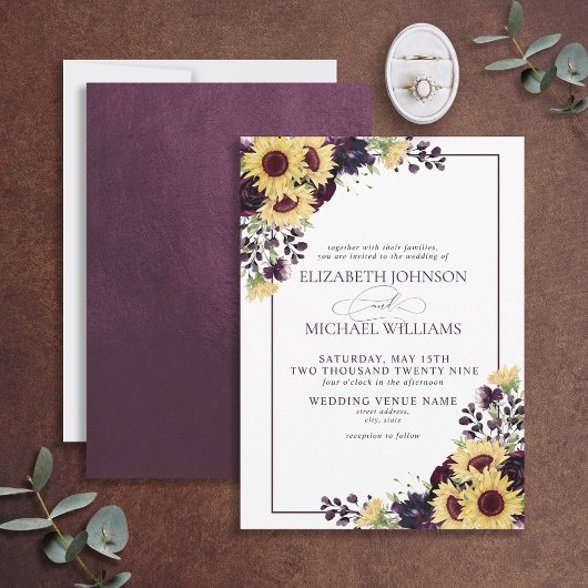 Invitation Mariage d'aquarelle de tournesol violet de prune