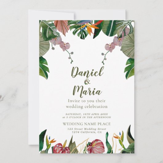 Invitation Mariage d'aquarelle de verdure tropical (Devant)