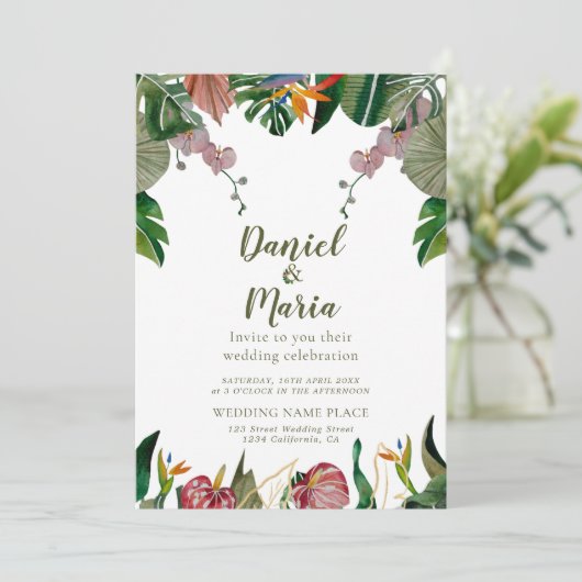 Invitation Mariage d'aquarelle de verdure tropical (Debout devant)